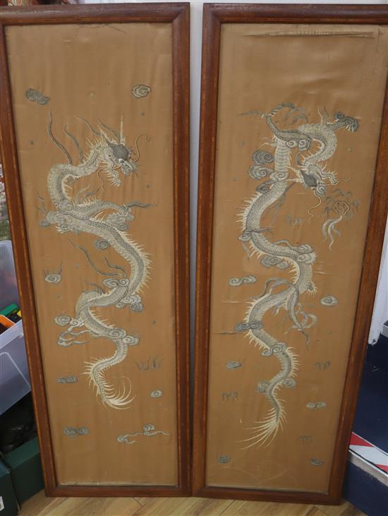 A pair of Chinese embroidered silk dragon panels 112 x 31cm
